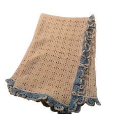 Vintage Handmade Crochet Blanket Ivory Blue Ruffle Edge Heirloom Large Throw