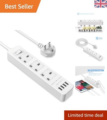 Elegante USB Steckdosenleiste mit 3 Steckdosen und 4 Anschlüssen & 2m Kabel - Weiß Überspannungsschutz
