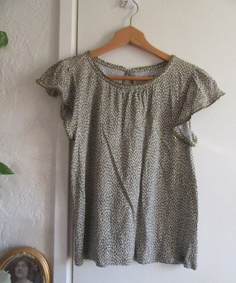 LOFT Linen Green White Linen Tee Flutter Sleeves Keyhole Neck Boho Tee EUC Small