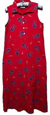 Zip Code Brand Dress M Red Fish Shells Nautical Print Cotton Vintage Y2K 90s S/M