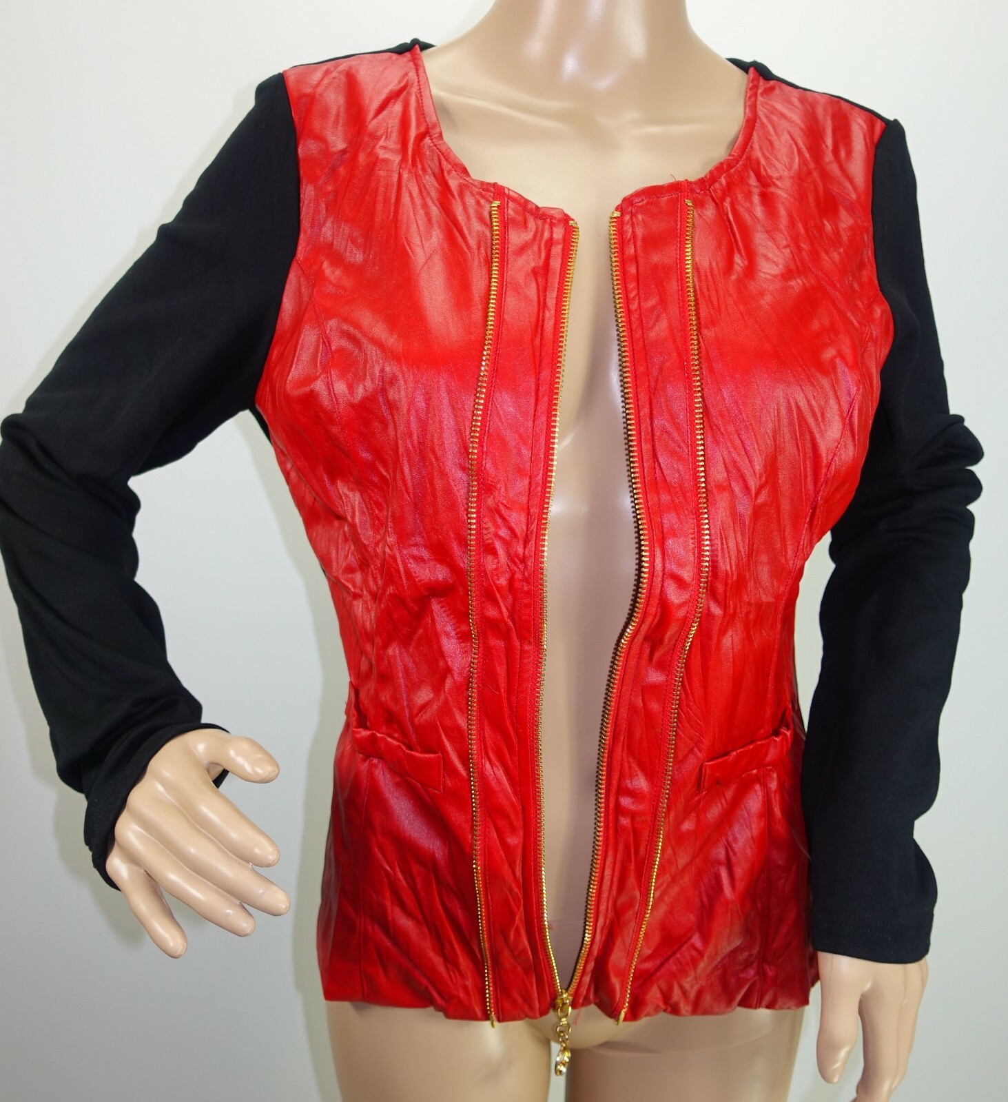 red faux leather shirt