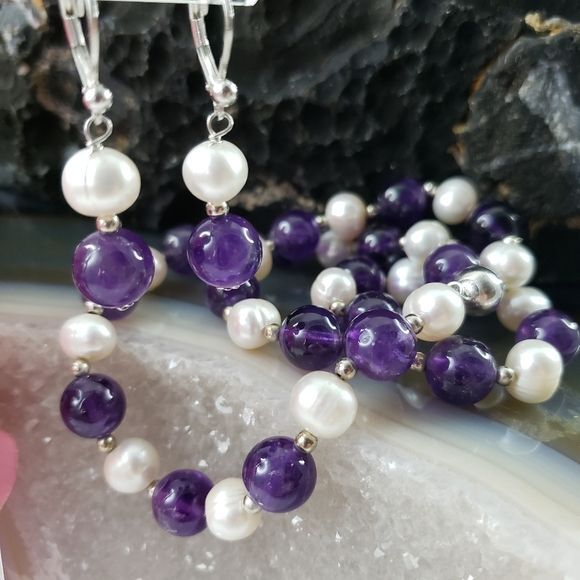 Vintage genuine amethyst and pearl necklace earrings set real