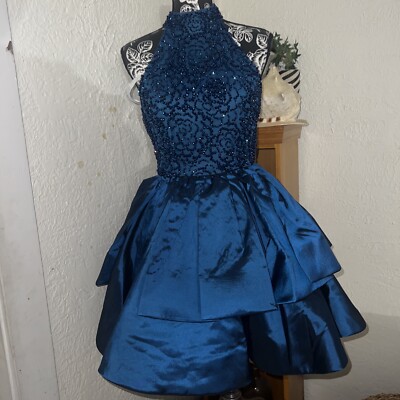 SHERRI HILLFORMAL Fit Flare Keyhole Beaded Navy Blue Halter Dress Size 2 |  eBay