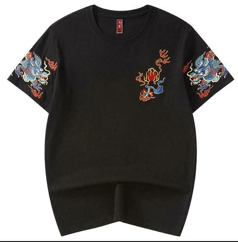 Verano Prendas para el torso Camisetas Cuello Redondo Bordado Dragón Hombres Camiseta Manga Corta Nuevo - Imagen 6 de 7