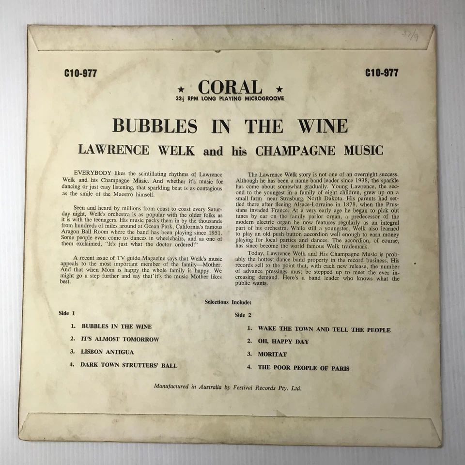 Bubbles in the Wine Lawrence Welk and his Champagne Music Vinyl Record - Image 2 of 4