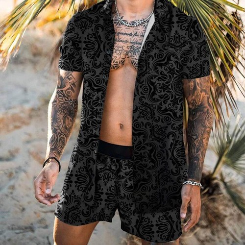 Beach Fashion Flower Print Two Piece Sets For Men Short Sleeve Shirt Shorts New - Picture 4 of 19