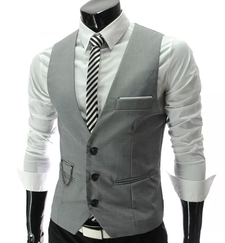 Men British Business Three Button Waistcoat Dress Gilet Slim V Neck Suit Vests