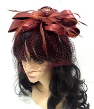Burgundy Red Feather Mesh Net Hair Comb Ribbon Derby Church Wedding Headband