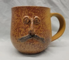 Pottery Mug mustache face guy Signed Elaine Ozol Studio  4326