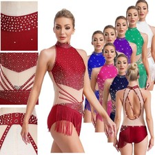 Women Bodysuit Competition Costume Rhinestones Dancewear Adorned Mock Neck