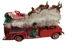 Vintage MCM Tin Litho Toy Fire Truck W/Santa  s Sleigh  Reindeer Garland 50  s