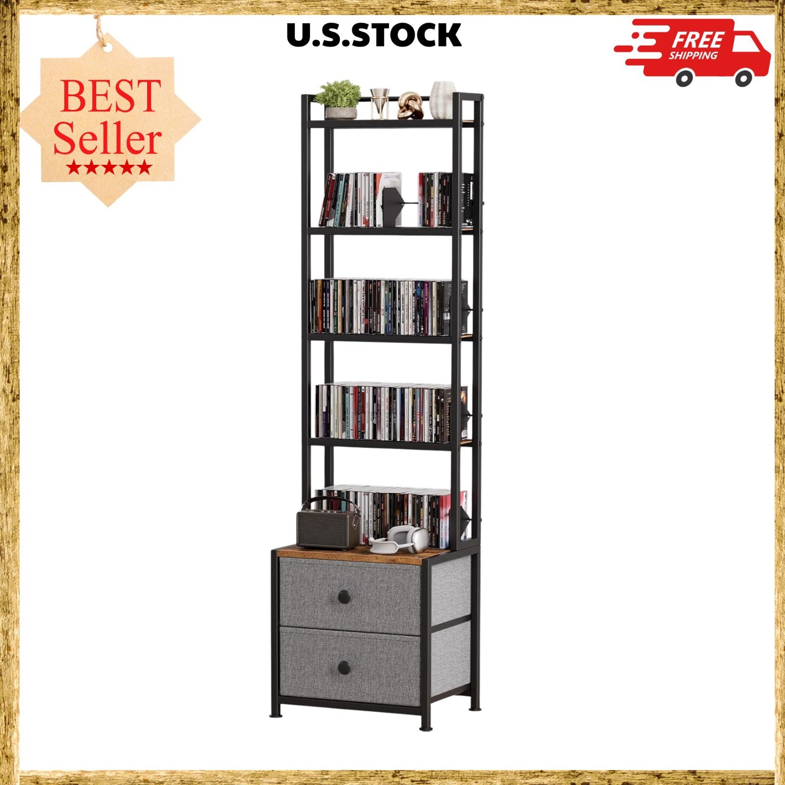 CD Storage Rack with Drawer 5-Tier DVD Organizer Shelf with Book Stoppers