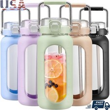 64oz Borosilicate Glass Water Bottle W/ Stainless Steel Handle Time Markers New
