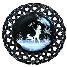 Vintage Westmoreland Mary Gregory Black Milk Glass Lattice Plate Boy Rake Dog