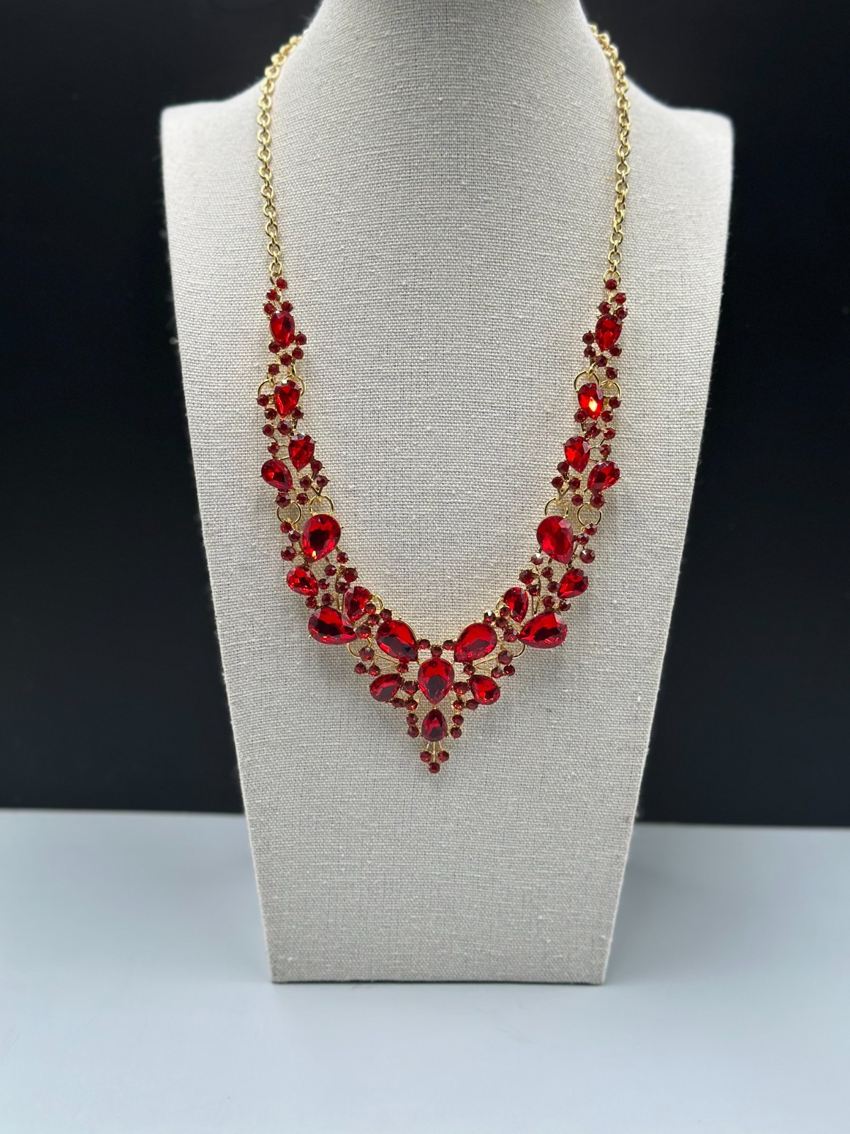 Red Rhinestone Statement Necklace Dangle Earrings… - image 5