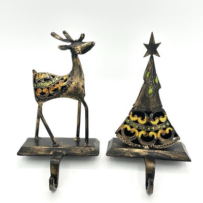 Two Metal Deer And Tree Christmas Stocking Hangers Colorful Cottagecore Rustic