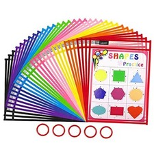 Dry Erase Pockets 30 Pack with Rings - Oversized Reusable Plastic Colorful