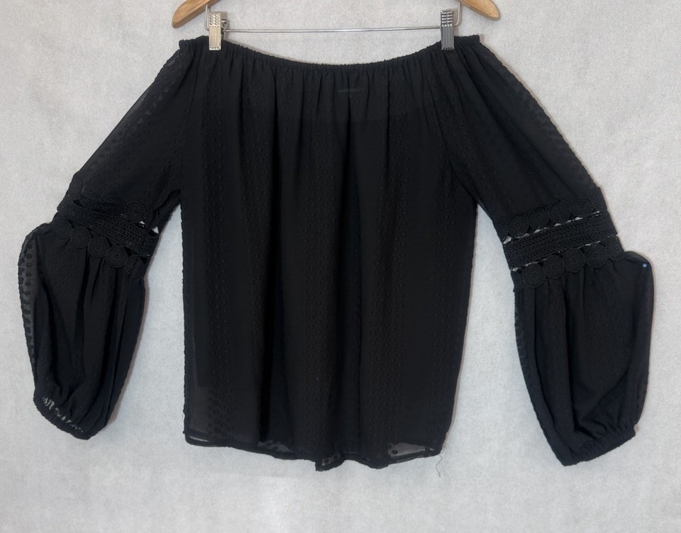 Ladies 14 Sambara Top Off the Shoulder, Semi Sheer Long Sleeves, Black