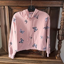 No Boundaries Girl s Light Pink Cropped Pullover Hoodie Blue Butterflies M 7-9