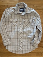 Wrangler Retro Western Shirt Boys Medium 7-8 Pearl Snaps Tan Vintage Plaid