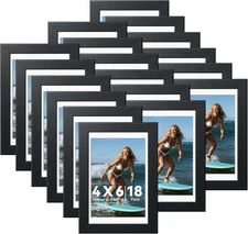 18 Pack 4x6 Black Picture Frames with Mat, Wall or Tabletop Display, MDF Wood