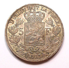 Belgium 1873 SILVER 5 Francs AU ** Beautiful HIGH Grade Leopold II CLASSIC Coin