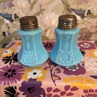 Vintage EAPG Beaded Dahlia Blue Opaque Milk Glass Salt & Pepper Shakers
