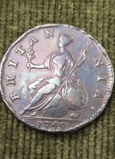 1749 George II Halfpenny Stunning Rainbow Toning VF Georgian Copper Coin
