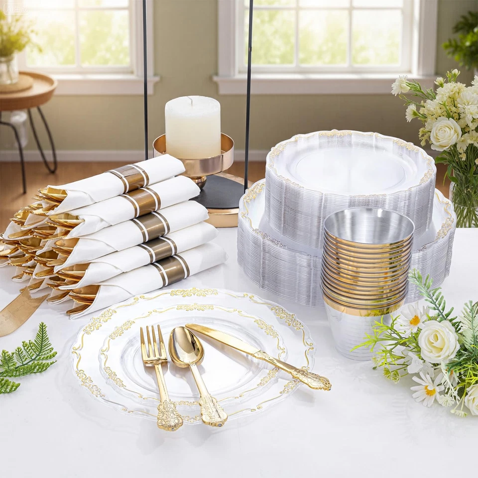 175 Pieces Gold Plastic Plates and Napkins Party Supplies - Clear and Gold Di... - Изображение 4 из 4