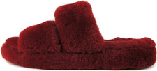 Women  s Wine Faux Fur Slide Slippers Cozy Soft Open Toe House Sandals Size 7