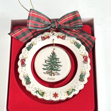 Spode Vintage Round Christmas Tree Porcelain Ornament 2000 Plaid Bow Angels Box