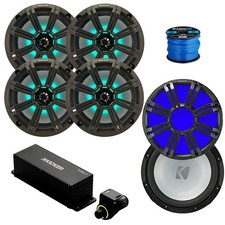 4x Kicker 8" 300W Marine LED Speaker, Grey Grille, Sub, LED Grille, Remote,Wire