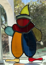 Vintage Handmade Leaded Stained Glass CLOWN Suncatcher  7" Tall