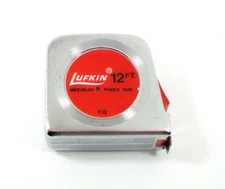 VINTAGE LUFKIN NO. Y12 MEZURLOK 12 FOOT POWER TAPE MEASURE WITH A YELLOW TAPE