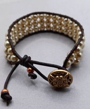 Artisan Made Boho Leather Bracelet Cream Glass Pearl Beads Dark Brown Leather 8"