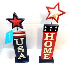 Glitzhome Set of 2 Patriotic Wooden Signs"Home USA" American Flag American Star