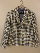 Requirement Yellow Gray White Plaid Tweed Fringe Trim Side Pocket Jacket Sz 12