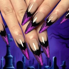Halloween Press on Nails Almond Medium Nails False Nails Bat Purple French