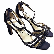 Bottega Veneta Black Satin Strappy Rihinestone Open Toe Heels Size 7 vintage