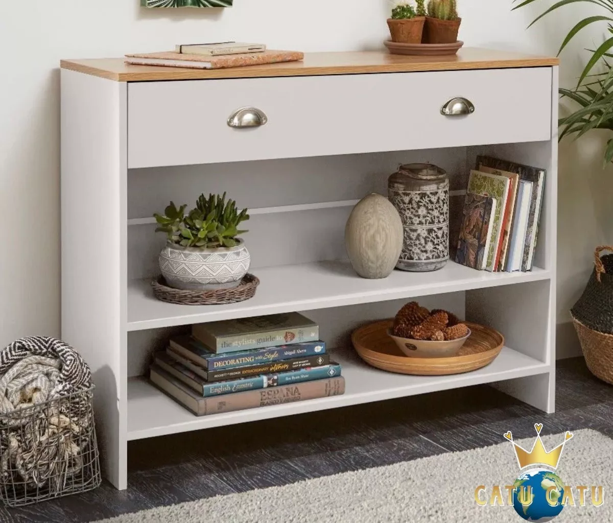 Hallway Console Unit Coffee Table Slim Drawer And Shelves Entryway Cream Cabinet