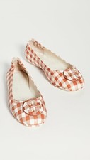 NIB 229 Tory Burch Minnie Gingham Travel Ballet w Logo Flat Shoes sz 8