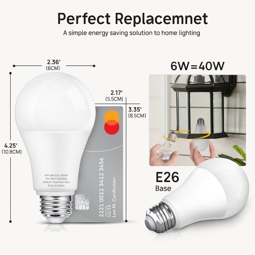 Dusk to Dawn LED Outdoor Light Bulbs 40W Equivalent A19 Automatic On/Off Sensor - Picture 5 of 8