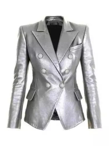 Chaqueta de cuero 100 % genuina hecha a mano para mujer Blazer plateado Diseñador Fiesta formal Foto 3 de 4