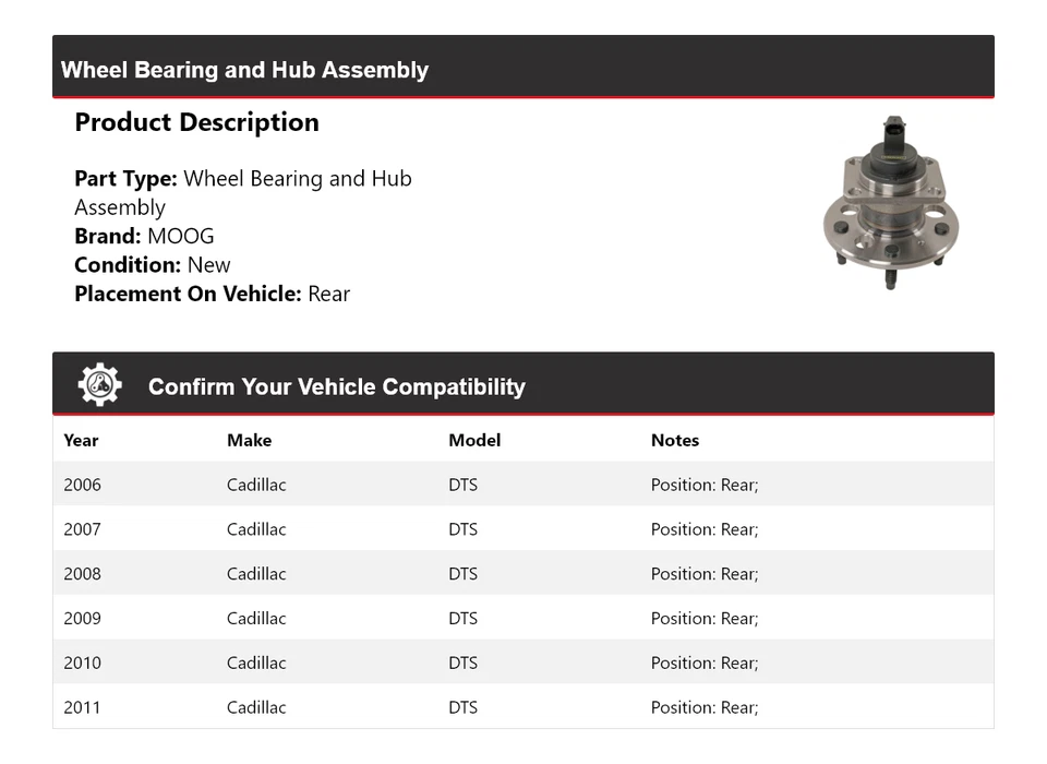Conjunto de cojinete de rueda y buje trasero MOOG 2006 2007 para Cadillac DTS 2006-2011 Foto 2 de 4