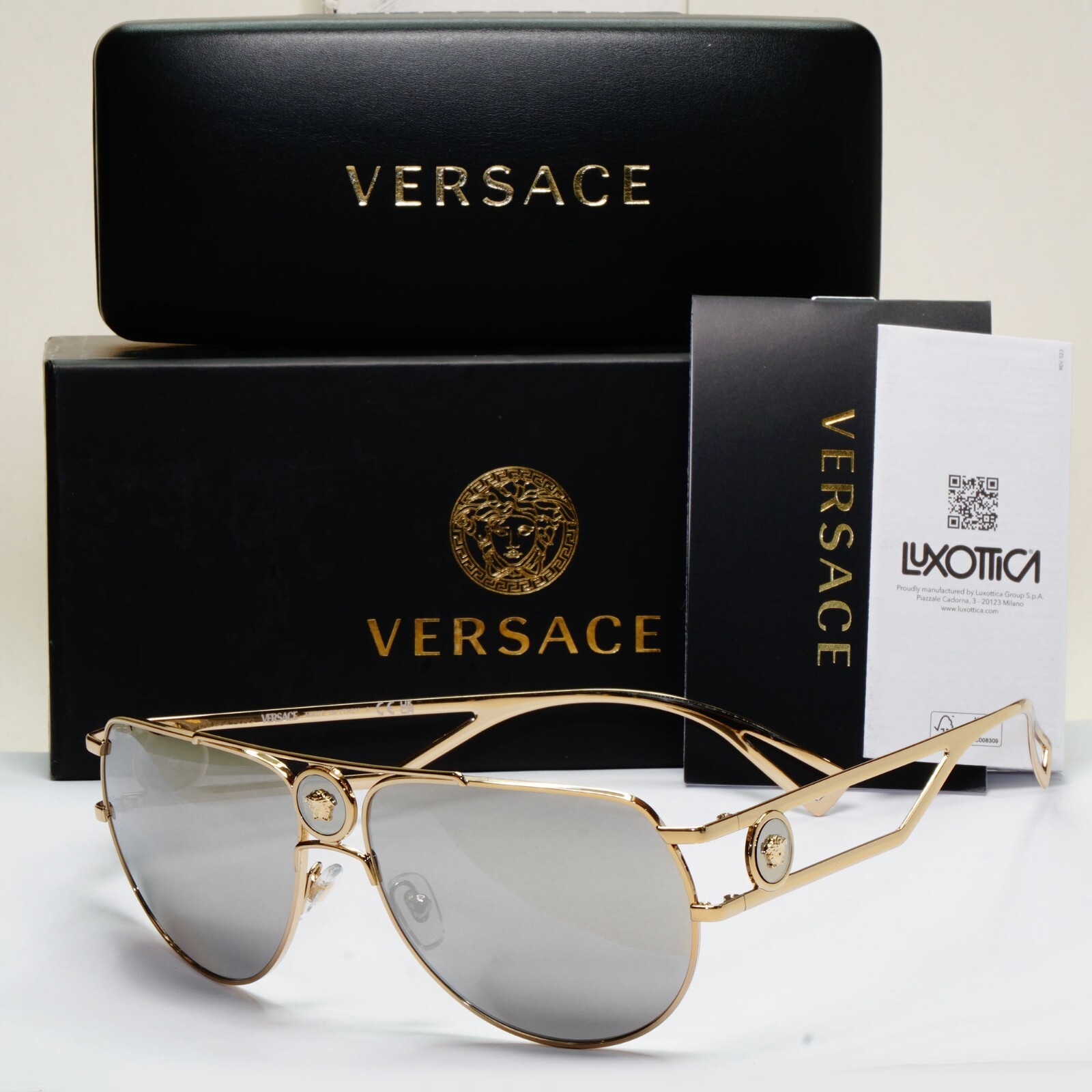 Versace Sunglasses Gold Silver Mirror Pilot Navigator MOD VE2225 1252/6G 60mm