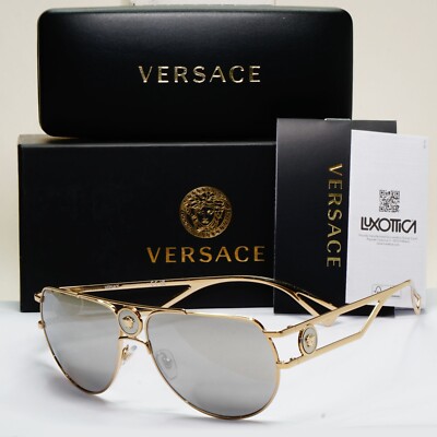 Versace Sunglasses Gold Silver Mirror Pilot Navigator MOD VE2225 1252/6G 60mm