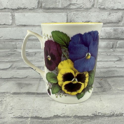 Fenton English Bone China Pansy Mug Doug Hague Flowers Yellow Rim - Picture 3 of 4