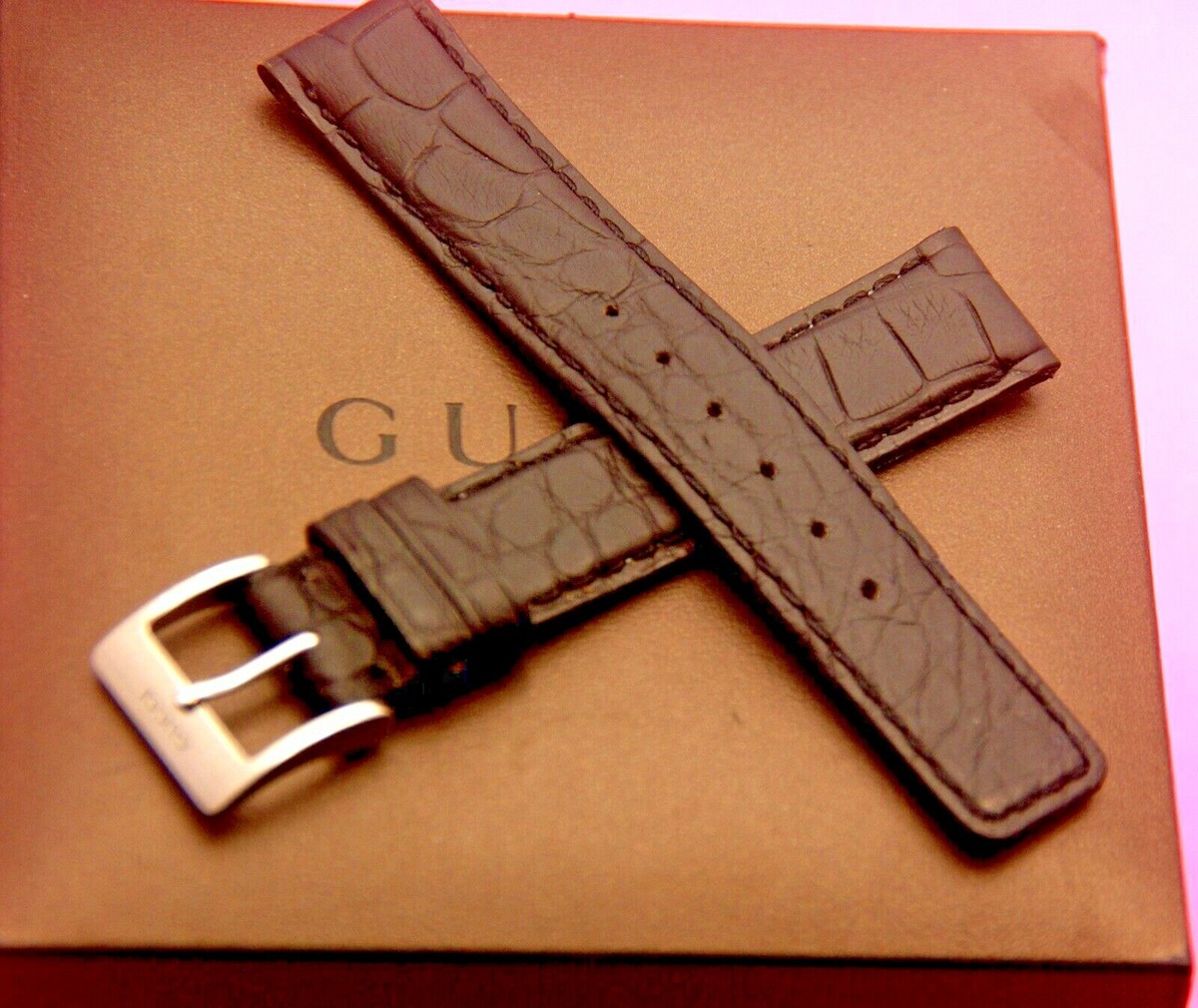 New Gucci 16 MM Black Genuine Crocodile Leather Watch Band - Short