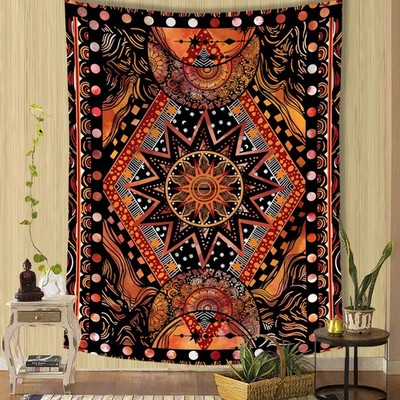 Fowocu Orange Sun and Moon Tapestry Wall Hanging, Indie Hippie Mandala Cool W...