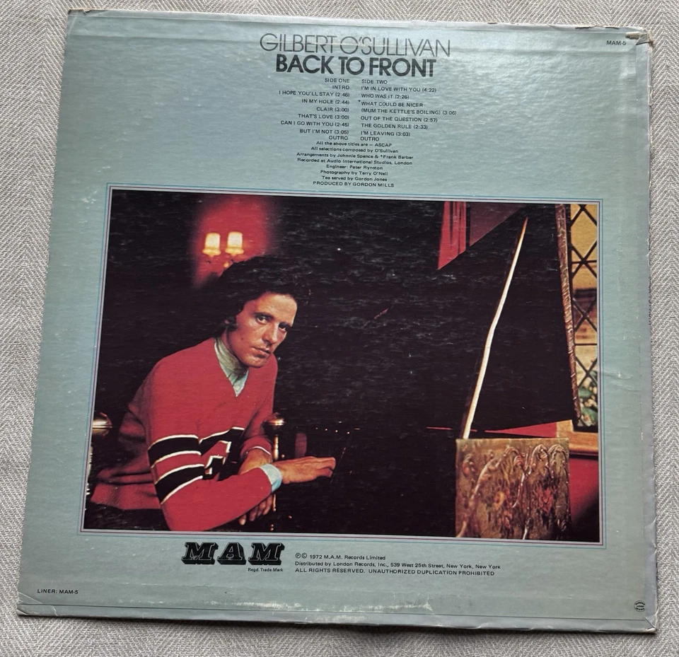 GILBERT O'SULLIVAN - BACK TO FRONT - M.A.M. RECORD MAM-5 - Image 2 of 4